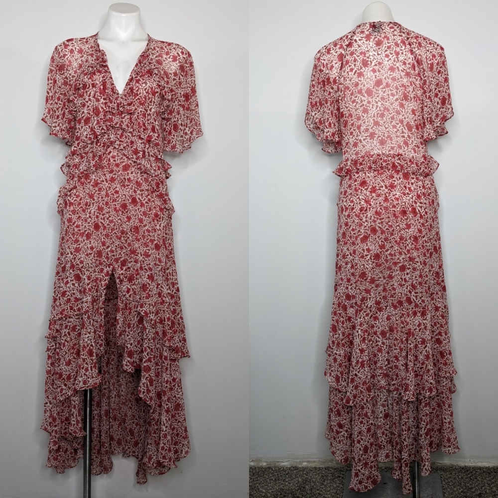 Misa Katarina red white floral chiffon high low tassel tie dress S